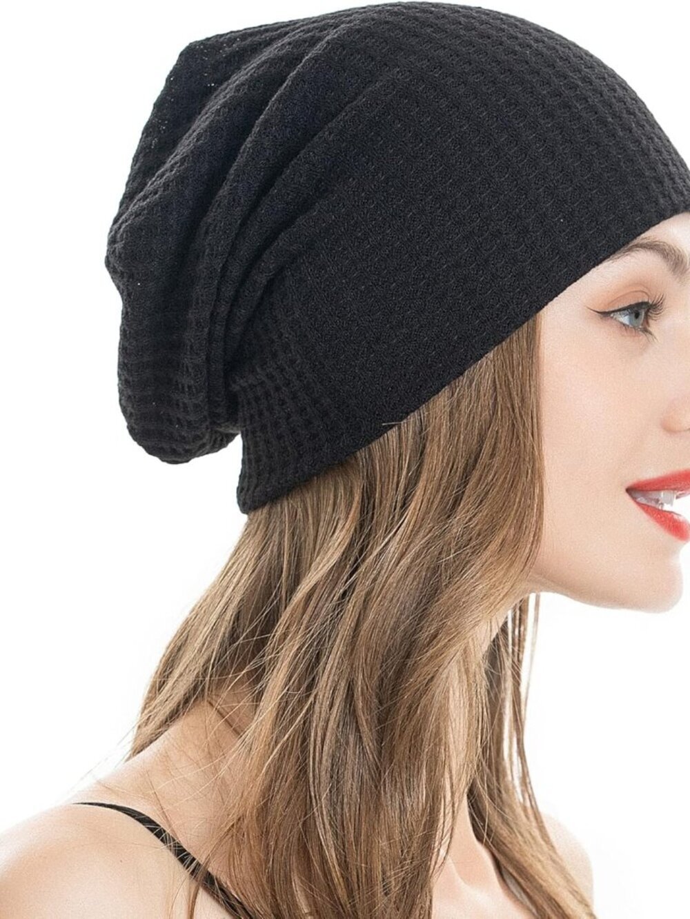 Women's Solid Black Warm Knit Winter Pull-On Classic Slouchy Stretch Skull Cap